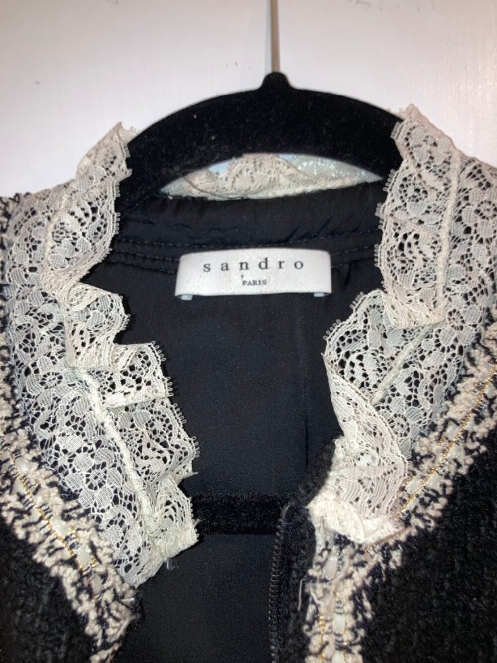Sandro Ariela Black Tweed Playsuit Romper Lace Trim Short Sleeve Jumpsuit XS - Picture 6 of 7